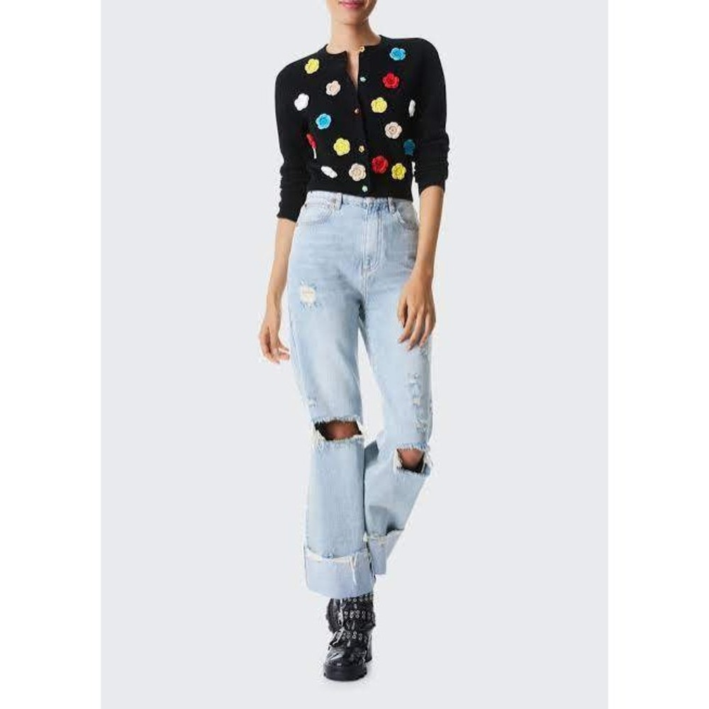 Alice + Olivia Selma Floral Applique Wool Cardigan M Black Multicolor